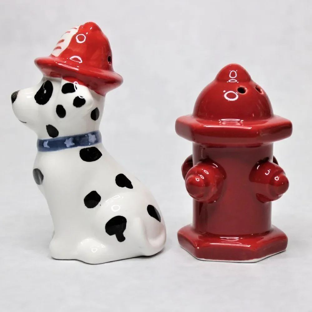 Collectable Dalmatian Puppy Dog & Red Fire Hydrant Salt & Pepper Shakers